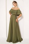 Long Flared Drop-Shoulder Ruffle-Collar Evening Dress - Khaki