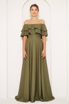 Haki Uzun Kloş Düşük Omuz Fırfır Yaka Abiye Elbise