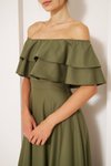 Haki Uzun Kloş Düşük Omuz Fırfır Yaka Abiye Elbise