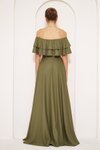 Haki Uzun Kloş Düşük Omuz Fırfır Yaka Abiye Elbise