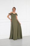 Haki Uzun Kloş Straplez Ayarlanabilir Askılı Fırfır Detaylı Abiye Elbise
