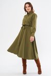 Haki Uzun Kol Midi Gömlek Kuşaklı Beli Lastikli Cepli Elbise