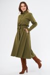 Haki Uzun Kol Midi Gömlek Kuşaklı Beli Lastikli Cepli Elbise