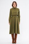 Haki Uzun Kol Midi Gömlek Kuşaklı Beli Lastikli Cepli Elbise