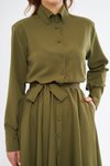 Haki Uzun Kol Midi Gömlek Kuşaklı Beli Lastikli Cepli Elbise