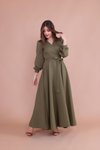 Haki Uzun Kruvaze Yaka Kemerli Elbise