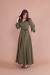 Haki Uzun Kruvaze Yaka Kemerli Elbise