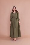 Haki Uzun Kruvaze Yaka Kemerli Elbise