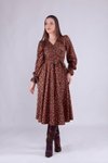 Kahve Çiçek Desenli Kadife Midi Kruvaze Yaka Elbise