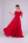 Kırmızı Uzun Askılı Kayık Yaka Püskül Detay Abiye Elbise