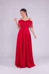 Kırmızı Uzun Askılı Kayık Yaka Püskül Detay Abiye Elbise