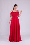 Kırmızı Uzun Askılı Kayık Yaka Püskül Detay Abiye Elbise