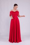 Kırmızı Uzun Askılı Kayık Yaka Püskül Detay Abiye Elbise