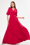 Kırmızı Uzun Balon Kol V Yaka Korsaj Kemer Detay Abiye Elbise