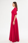 Kırmızı Uzun Balon Kol V Yaka Korsaj Kemer Detay Abiye Elbise
