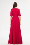 Kırmızı Uzun Balon Kol V Yaka Korsaj Kemer Detay Abiye Elbise