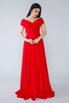 Kırmızı Uzun Kruvaze Kayık Yaka Abiye Elbise