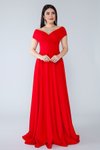 Kırmızı Uzun Kruvaze Kayık Yaka Abiye Elbise