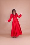 Kırmızı Uzun Kruvaze Yaka Kemerli Elbise