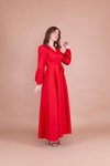 Kırmızı Uzun Kruvaze Yaka Kemerli Elbise