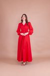Kırmızı Uzun Kruvaze Yaka Kemerli Elbise