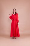 Kırmızı Uzun Kruvaze Yaka Kemerli Elbise