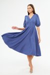 Kot Mavi Balon Kol V Yaka Korsaj Kemer Detaylı Midi Elbise