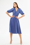 Kot Mavi Balon Kol V Yaka Korsaj Kemer Detaylı Midi Elbise