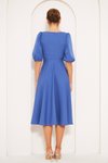 Kot Mavi Kare Yaka Kısa Balon Kol Lastikli Midi Elbise