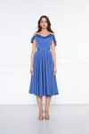 Kot Mavi Pileli Midi Kloş Ayarlanabilir Askılı Fırfır Detay Abiye Elbise