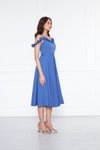 Kot Mavi Pileli Midi Kloş Ayarlanabilir Askılı Fırfır Detay Abiye Elbise