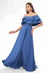 Kot Mavi Uzun Kloş Düşük Omuz Çift Kat Fırfır Abiye Elbise