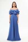 Kot Mavi Uzun Kloş Düşük Omuz Çift Kat Fırfır Abiye Elbise