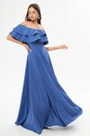Kot Mavi Uzun Kloş Düşük Omuz Çift Kat Fırfır Abiye Elbise