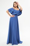 Kot Mavi Uzun Kloş Düşük Omuz Çift Kat Fırfır Abiye Elbise
