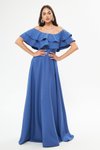 Kot Mavi Uzun Kloş Düşük Omuz Çift Kat Fırfır Abiye Elbise