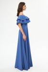 Kot Mavi Uzun Kloş Düşük Omuz Çift Kat Fırfır Abiye Elbise