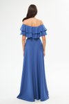 Kot Mavi Uzun Kloş Düşük Omuz Çift Kat Fırfır Abiye Elbise
