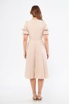 Krem Midi Kısa Kol Kruvaze Yaka Büzgülü Kuşaklı Elbise