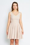 Krem Mini V Yaka Pileli Kloş Sırtı Fiyonklu Abiye Elbise