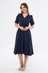 Lacivert Midi Kısa Kol Kruvaze Yaka Büzgülü Kuşaklı Elbise