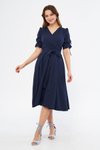 Lacivert Midi Kısa Kol Kruvaze Yaka Büzgülü Kuşaklı Elbise