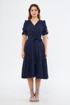 Lacivert Midi Kısa Kol Kruvaze Yaka Büzgülü Kuşaklı Elbise