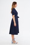 Lacivert Midi Kısa Kol Kruvaze Yaka Büzgülü Kuşakl ı Elbise
