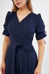 Lacivert Midi Kısa Kol Kruvaze Yaka Büzgülü Kuşaklı Elbise