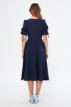 Lacivert Midi Kısa Kol Kruvaze Yaka Büzgülü Kuşaklı Elbise