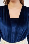 Lacivert Uzun Kol Kadife Büzgü Detay Çıtçıtlı Body