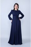 Lacivert Uzun Yuvarlak Yaka Beli Büzgülü Kuşaklı Abiye Elbise