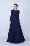 Lacivert Uzun Yuvarlak Yaka Beli Büzgülü Kuşaklı Abiye Elbise