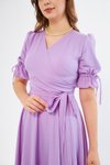 Lila Kruvaze Yaka Büzgülü Kuşaklı Midi Elbise